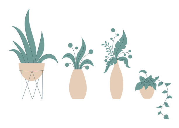 这张图片展示了一组极简风格的矢量平面艺术盆栽植物。图片下载