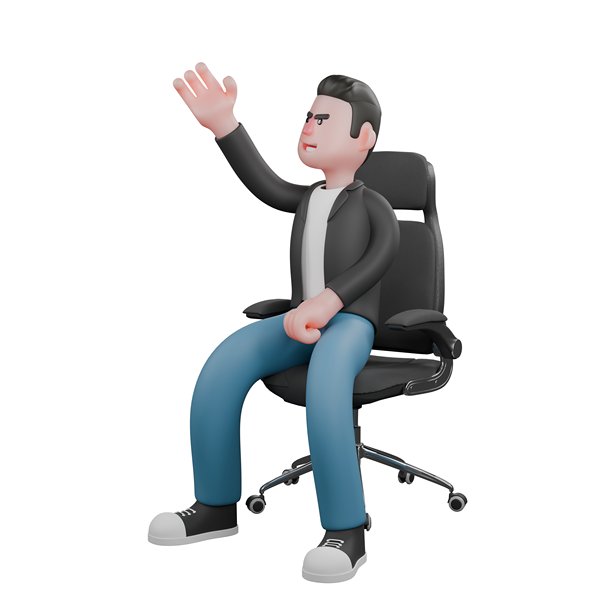 摄像师3D艺术卡通设计。一个摄像师坐在椅子上，左手握紧在大腿上，右手向上挥动。插画艺术图片下载