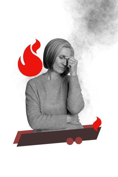 垂直照片拼贴，严肃的女性因抑郁情绪、健康问题、头痛、疲劳和压力而哭泣，背景为涂鸦风格。图片下载