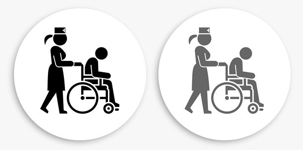 轮椅上的病人和女护士黑白圆形图标图片下载