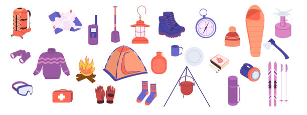 一套冬季旅行装备。适合在山区进行积极冬季假期的收藏。包括滑雪板、登山靴、铲子、望远镜、毛衣、保温瓶和地图的冬季矢量旅游物品。图片下载