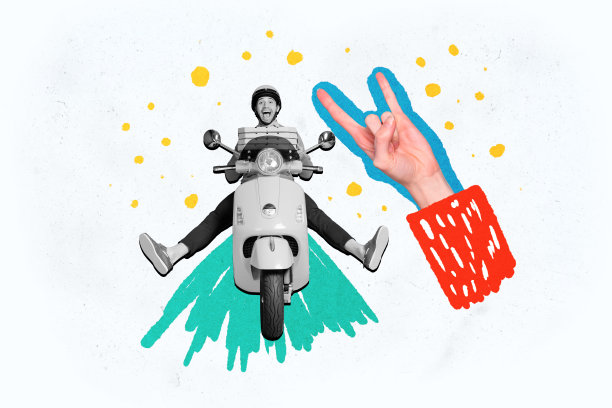 拼贴风格的3D图像，展示了一个手势做出摇滚手势的复古插画风格的兴奋男子骑着滑板车，奇异而不寻常的幻想广告牌。图片下载