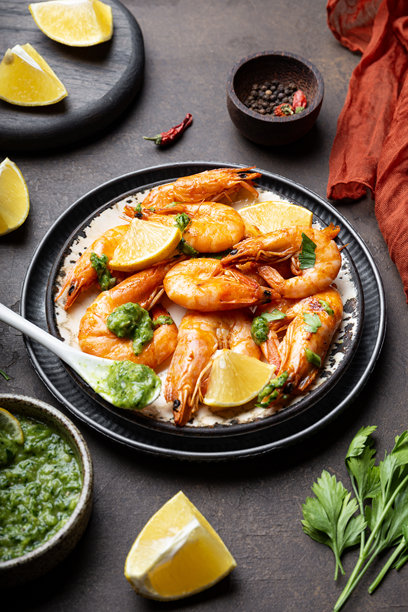 盘子里的炸虾配柠檬和绿色蔬菜的竖版照片图片下载