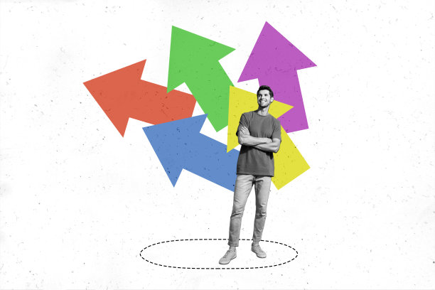 复合趋势艺术作品 3D 草图图像 照片拼贴 小型年轻人站在巨大的箭头上，指向上方的星星和抽象的演讲云彩图片下载