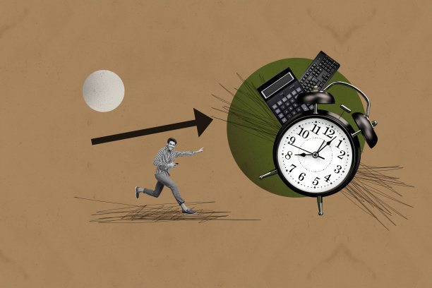 快乐商人跑步箭头办公用品计算器闹钟键盘电话的拼贴照片，背景为涂鸦风格。图片下载