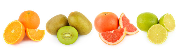 成熟多汁的橙子、猕猴桃、青柠和葡萄柚孤立在白色背景上。留有空白区域供文字使用。拼贴画。宽幅照片。图片下载