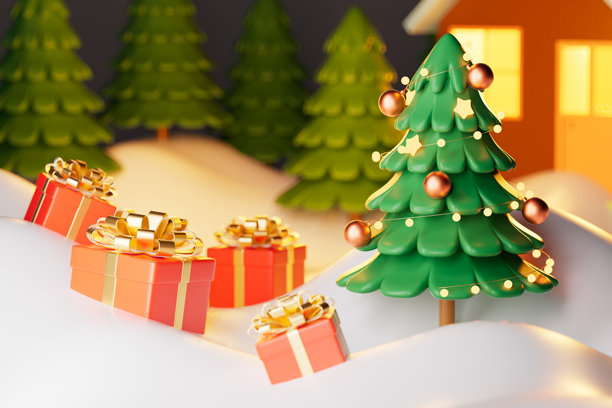 卡通风格的圣诞主题图片，3D渲染图片下载