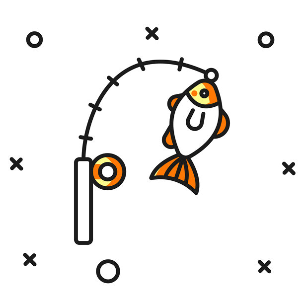 填充轮廓的钓鱼竿和鱼图标，背景为白色。钓鱼设备和鱼类养殖主题。扁平填充轮廓风格，带阴影。矢量图。图片下载