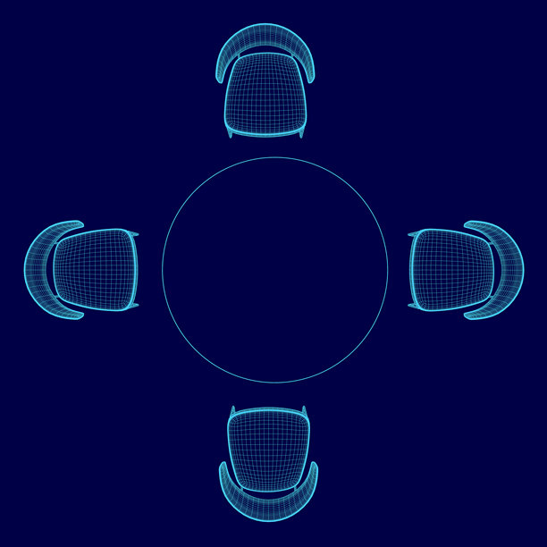 蓝色背景上的矢量线框平面风格椅子和圆桌。俯视图图片下载