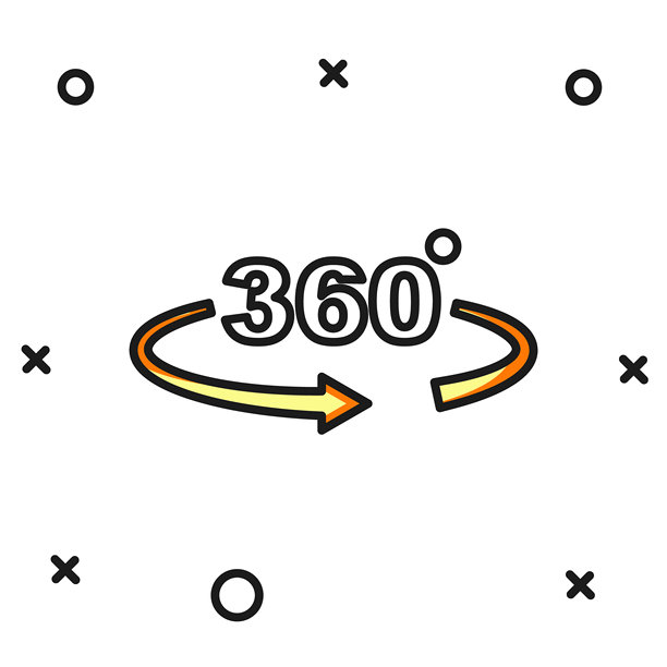 填充轮廓的360度视图图标，孤立在白色背景上。虚拟现实。360度相机角度。全景照片。带阴影的平面填充轮廓风格。矢量图。图片下载