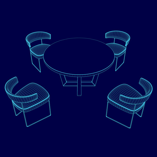 蓝色背景上的矢量线框平面风格椅子和圆桌。俯视图图片下载