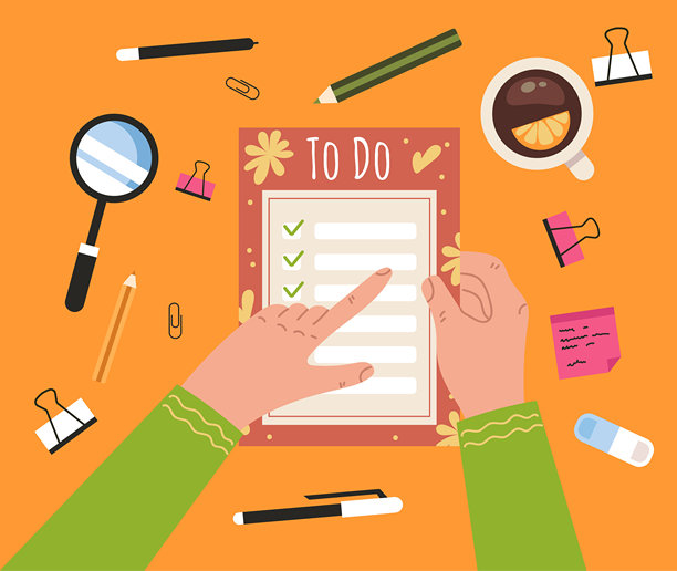 桌面工作场所学校商务办公桌清单组织概念。矢量平面图形设计插图图片下载