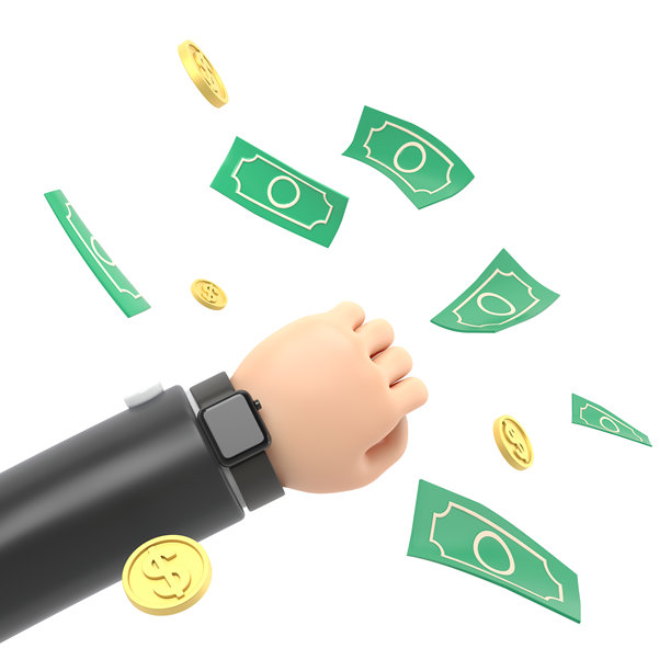 3D卡通渲染的男人手臂上戴着手表或闹钟，周围飞舞着美元钞票和硬币的横幅设计。赚钱，投资。白色背景上的3D渲染。图片下载