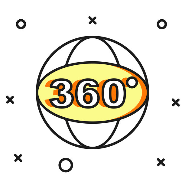 填充轮廓的360度视图图标，孤立在白色背景上。虚拟现实。360度相机角度。全景照片。带阴影的平面填充轮廓风格。矢量图。图片下载