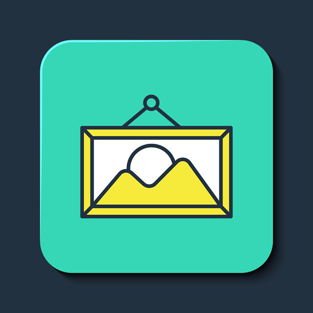 填充轮廓的图片风景图标，孤立在蓝色背景上。青绿色方形按钮。矢量图。图片下载