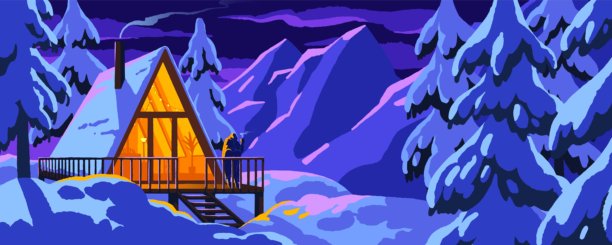 小木屋位于雪景中的夜晚。冬季森林中的圣诞夜小屋。三角形的房子，A形屋顶在雪中的自然景观。别墅，乡村小屋在林地风景中。平面矢量插图。图片下载