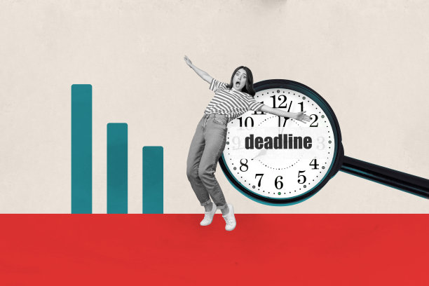创意海报图片横幅，黑白色调，年轻女孩在平衡，努力赶上截止日期，巨大的时钟、警报、进度图表，快速回退。图片下载