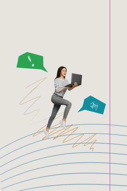 年轻女性在笔记本线条上快速奔跑的创意竖向照片拼贴，背景是绘画风格的聊天对话与笔记本电脑。图片下载