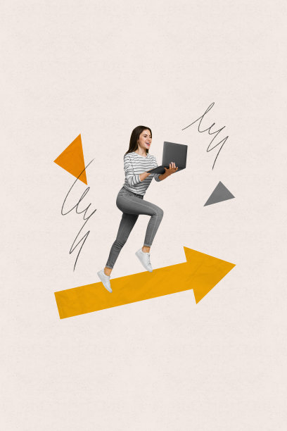 积极女性手持笔记本电脑在上升的箭头上奔跑的垂直创意复合艺术照片拼贴，背景为米色。图片下载