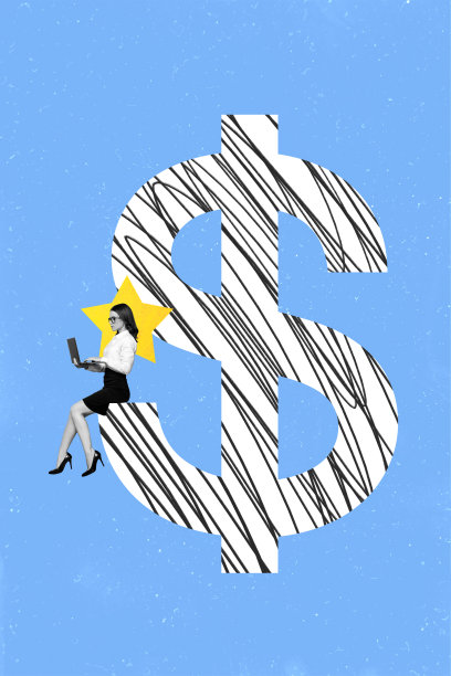 成功女商人坐在巨大的美元符号上，手持笔记本电脑，浏览电子银行服务，背景创意十足的垂直照片拼贴。图片下载