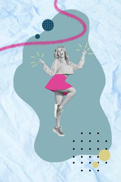 快乐可爱的女孩庆祝3月8日假期的拼贴海报，背景为手绘风格。图片下载