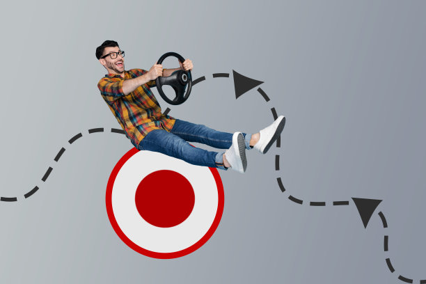 拼贴3D图像，复古风格的插画，描绘一位有趣的年轻男子驾驶，握着方向盘，瞄准飞镖靶，奇异的幻想广告牌图片下载