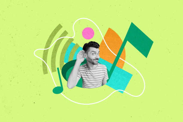 好奇的时尚男孩在绿色背景下听音乐，透过一个洞看外面，拼贴画风格的照片素描。图片下载