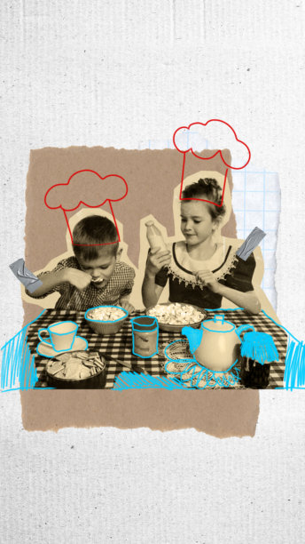 复古照片，孩子们一起享用美食，配有手绘的烹饪元素草图。现代艺术拼贴。图片下载