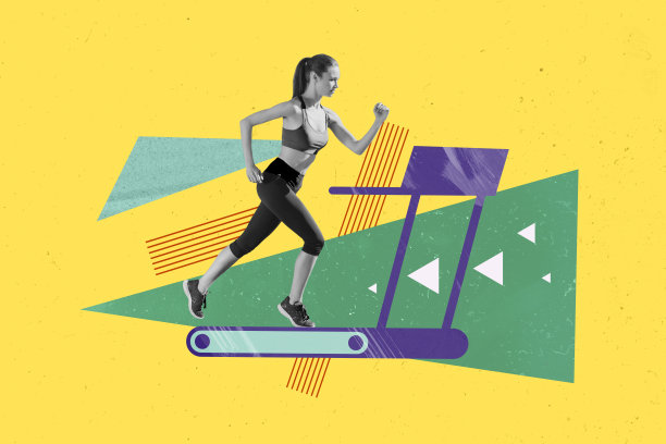 专业运动员的照片横幅拼贴，纤细年轻女孩穿着运动服在跑道上奔跑，背景为黄色。图片下载