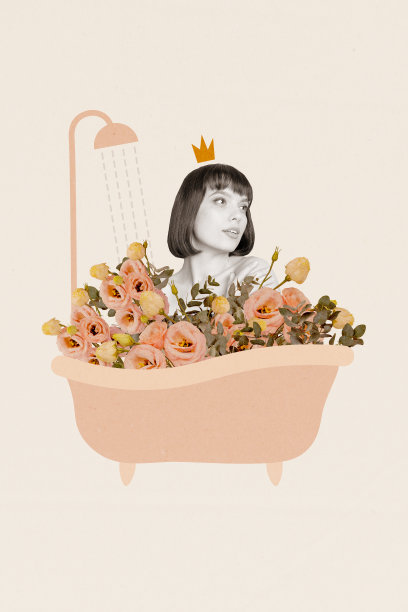 年轻美丽梦幻的女子在浴缸中浸泡着玫瑰，头戴王冠，享受身体护理的垂直艺术照片拼贴，背景为米色。图片下载