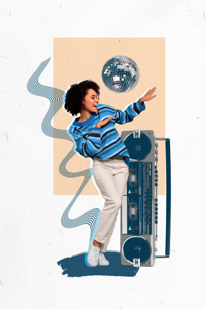 年轻无忧无虑的女孩在垂直照片拼贴中跳舞，享受着嘻哈磁带播放器和音响的节奏，背景是涂鸦风格的迪斯科球。图片下载