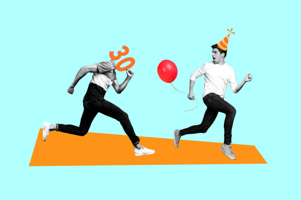创意照片插图：两个奔跑的年轻朋友，头部缺失，数字面孔，庆祝生日派对，气球，节日气氛。图片下载