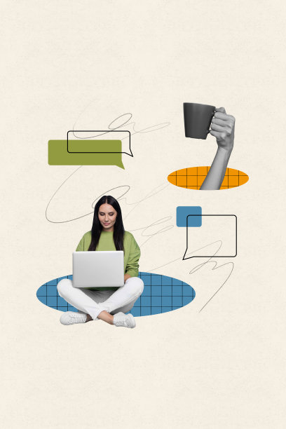 垂直插图创意拼贴照片，成功的年轻女性坐着，浏览笔记本电脑，发短信聊天，手臂搭在杯子上，休息暂停。图片下载