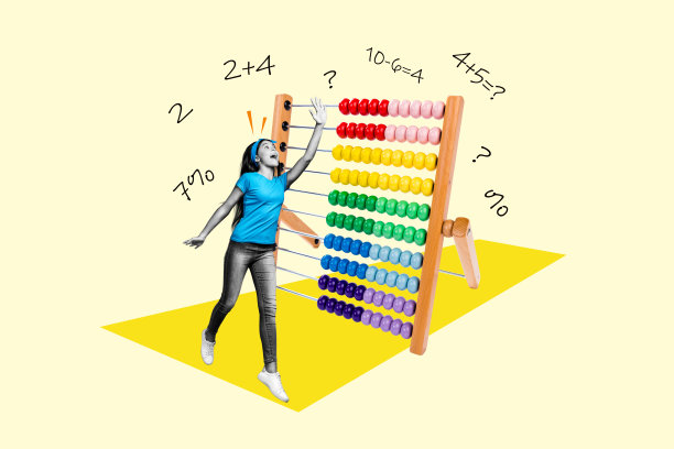 年轻女学生在黄色背景下积极举手回答数学问题，横向照片拼贴，巨大的算盘在旁边。图片下载