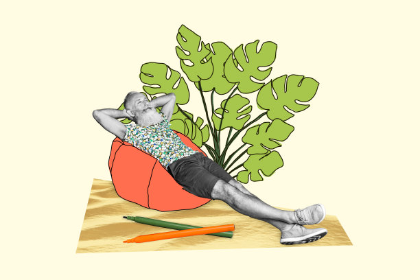 创意照片拼贴，躺着的退休老人，快乐、满足、梦幻，正在海边沙滩度假放松。图片下载