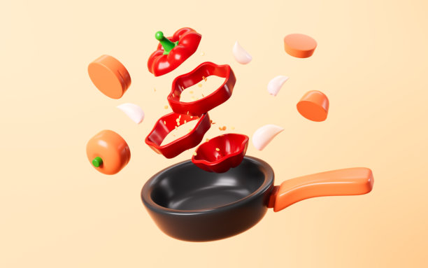 卡通切碎的红辣椒和胡萝卜在黄色背景上飞翔，3D渲染。图片下载