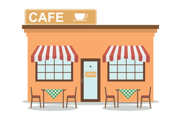 复古风格的咖啡馆外观，白色背景上有独立的桌子。矢量，卡通插图。图片下载