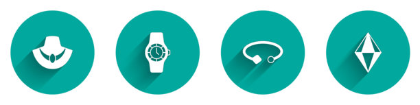 在模特上展示的项链、手表、手链珠宝和带长阴影的宝石图标。矢量图。图片下载