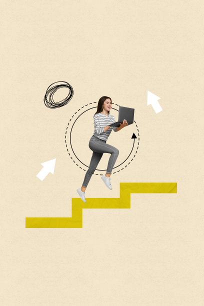 积极女性在米色背景下手持笔记本电脑工作的创意竖版拼贴艺术照片图片下载