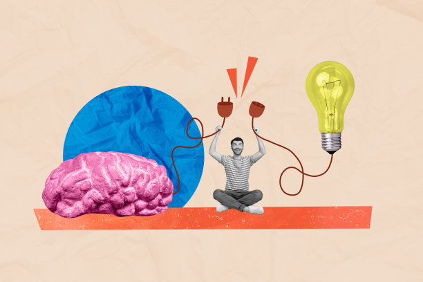 拼贴3D图像，复古风格的插画，搞笑的年轻人连接电线，插上电灯泡，脑袋里充满奇异、离奇的幻想，广告牌。图片下载