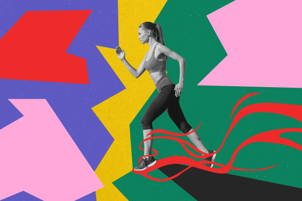 兴奋而有目标的女士在创意背景下跑步的杂志图片拼贴画图片下载