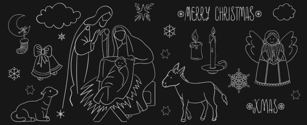 耶稣诞生的圣诞场景，包含圣家、驴和羊等动物、蜡烛、雪花、星星、天使、铃铛和手绘节日字体的矢量插画图片下载