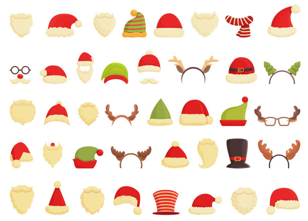 圣诞面具图标集卡通矢量。派对照片图片下载