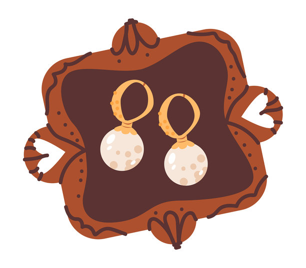 极简主义的矢量插图，展示了带有珍珠和复古波西米亚风格的婚礼耳环。手工制作的珠宝，配有金色装饰。平面矢量插图。图片下载