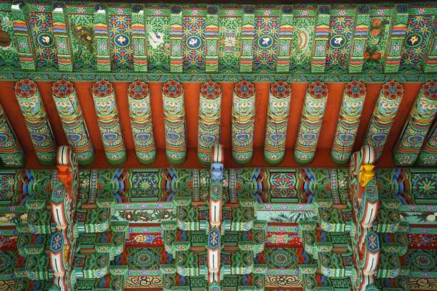 寺庙中的韩国传统风格屋顶特写照片图片下载