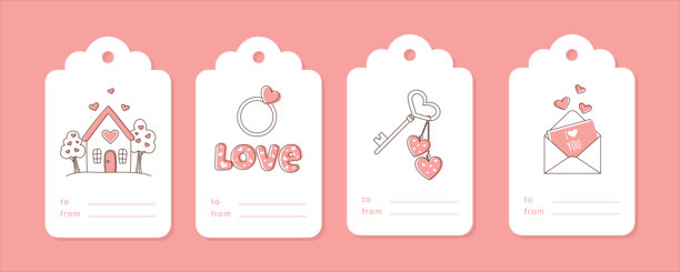 情人节礼物标签模板，设计包含恋人小屋的图片、戒指、带心形的钥匙和写有爱情宣言的信封。这个粉色概念非常适合浪漫节日。图片下载
