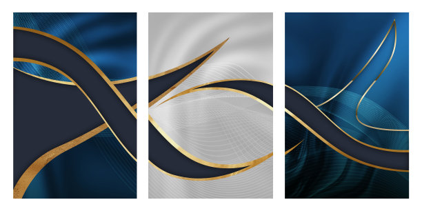 插画墙面艺术装饰。流动的蓝色和灰色背景。金色形状的极简墙面艺术。图片下载