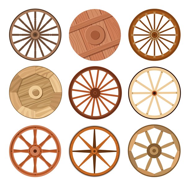 卡通木轮。古老的马车和战车轮子。古代车轮。西部荒野交通。驿马车木轮胎。古老的运输圆圈。复古车辆元素矢量集合。图片下载