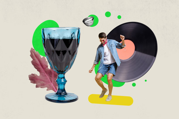 快乐男人在复古派对上跳舞的拼贴照片，手持鸡尾酒杯，旁边有黑胶唱片和叶子，嘴角带着微笑，放松地置身于涂鸦背景中。图片下载