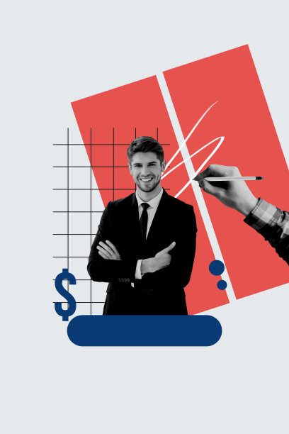 商业交易者目标符号的复合趋势艺术作品草图照片拼贴，年轻男士微笑着站立，手持笔写字。图片下载